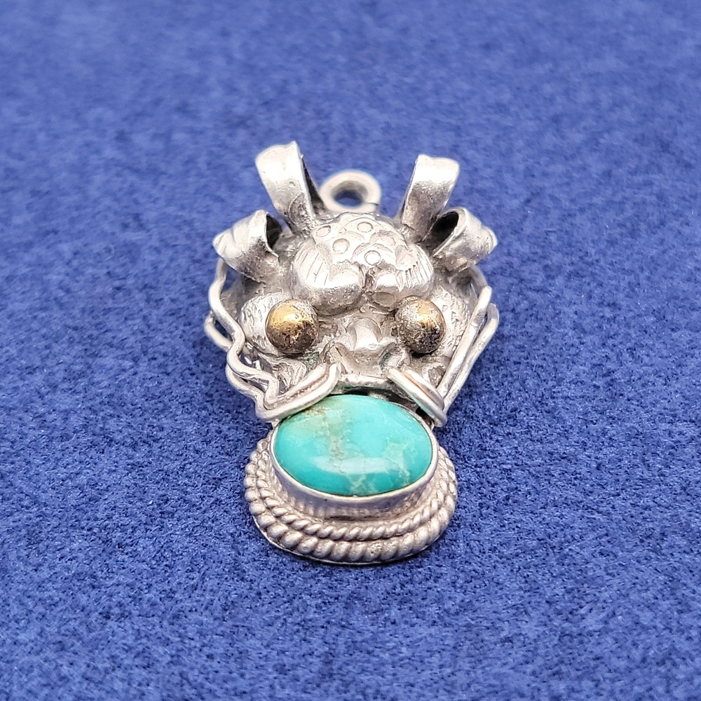Vintage Sterling Silver Tibetan Dragon Garuda Chhepu Turquoise Pendant